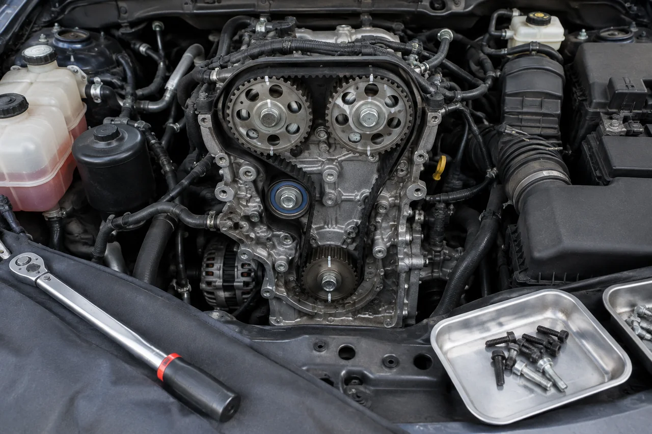 New timing belt fitted around camshaft and crankshaft sprockets with the timing cover removed and tools laid out nearby