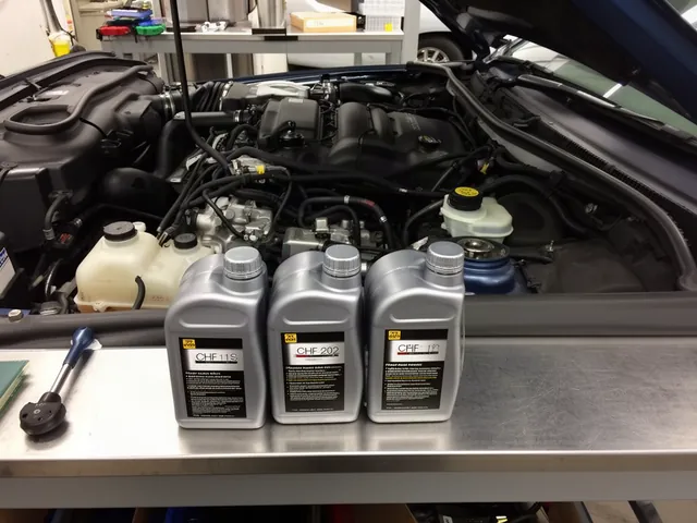 Sealed CHF 11S and CHF 202 hydraulic fluid containers beside a power steering reservoir