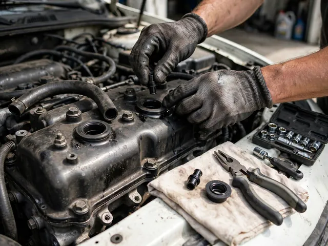 Hands removing an old PCV valve from an engine valve cover with a new replacement valve and grommet laid out on a rag