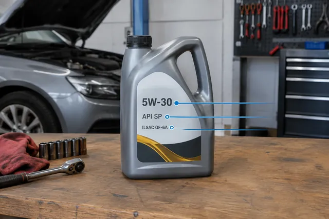 Engine oil bottle beside a diagram identifying SAE viscosity, API service category and manufacturer approval.