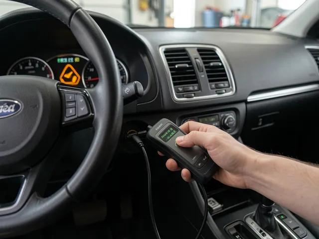 Hand connecting an OBD-II code reader under a car dashboard while the amber check engine light glows on the instrument cluster