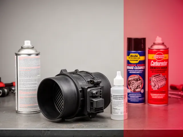 Mass air flow sensor on a bench next to an unlabeled cleaner spray and isopropyl alcohol, with brake and carb cleaner cans set apart