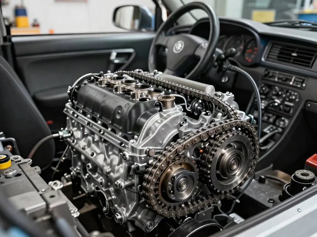 Timing chain, sprockets, guides, and tensioner visible on an exposed engine