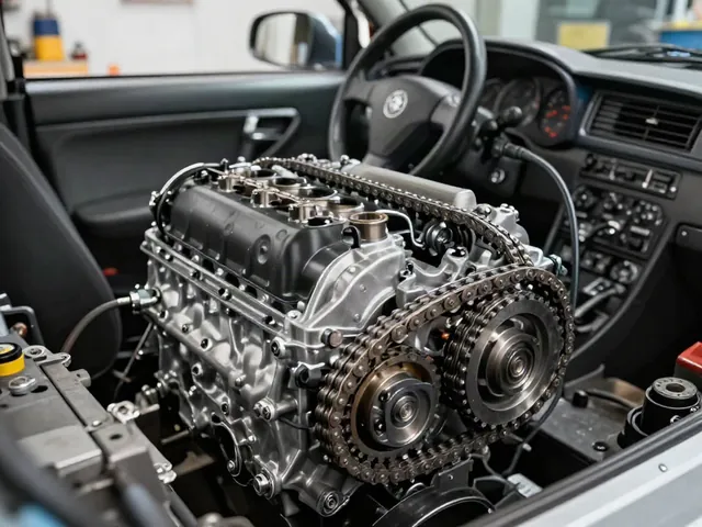 Timing chain, sprockets, guides, and tensioner visible on an exposed engine