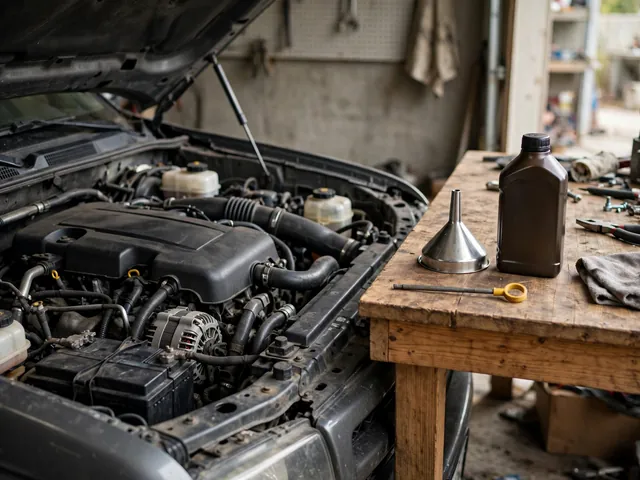 Engine oil bottle, funnel, and dipstick arranged beside an open truck engine bay