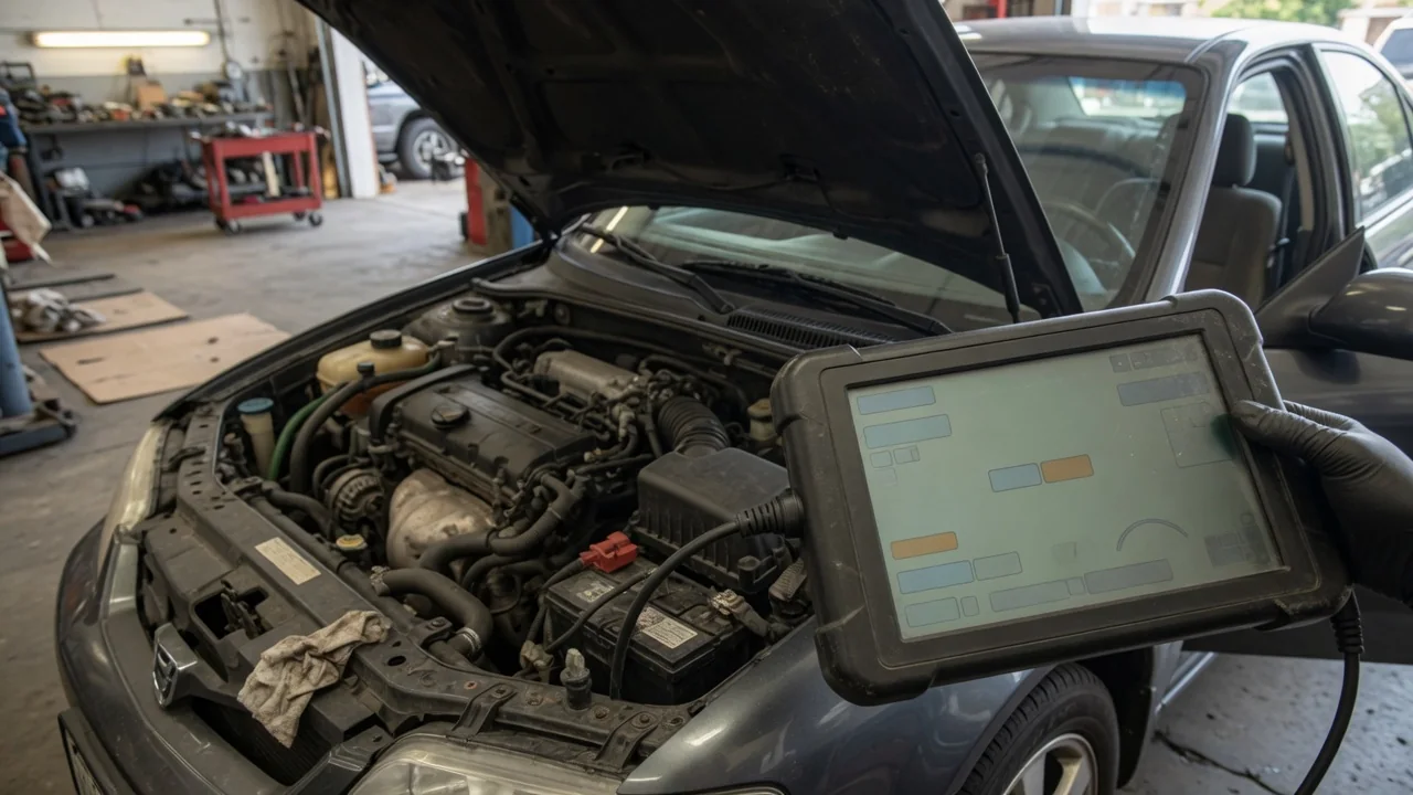 Diagnostic scanner displaying P1221 beside a parked vehicle in a repair shop