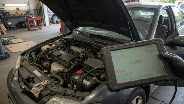 Diagnostic scanner displaying P1221 beside a parked vehicle in a repair shop