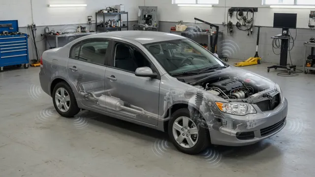 Car with illustrated sound waves near the engine, exhaust, and drivetrain
