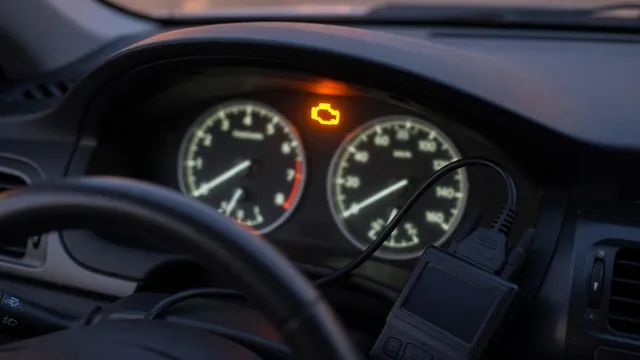 Car instrument cluster with the check engine light on and the tachometer at zero, with an OBD-II scan tool plugged in