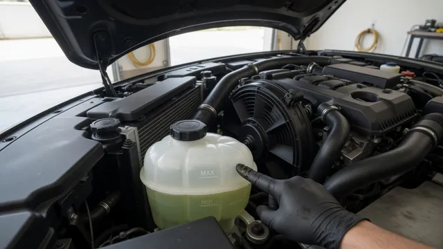 Open hood of a car showing the radiator, coolant reservoir and cooling fan while checking for the cause of overheating