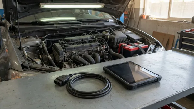 Diagnostic scanner beside an engine bay during a cylinder 5 misfire inspection