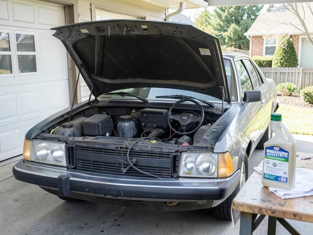 Unbranded motor oil bottle beside an older car with its hood open in a residential garage