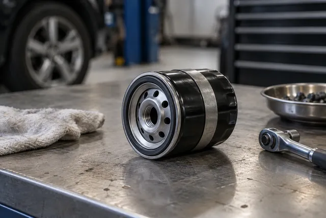 Magnetic band around a spin-on engine oil filter on a clean workbench