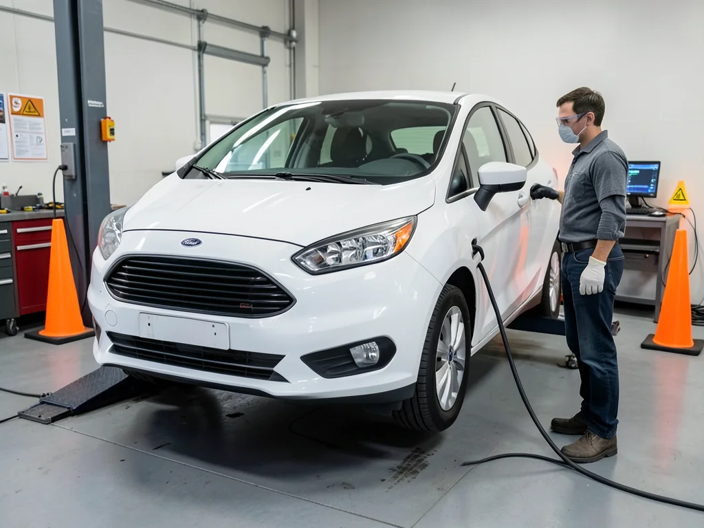 Ford Focus Electric on a service lift while a technician checks high-voltage battery data on a laptop