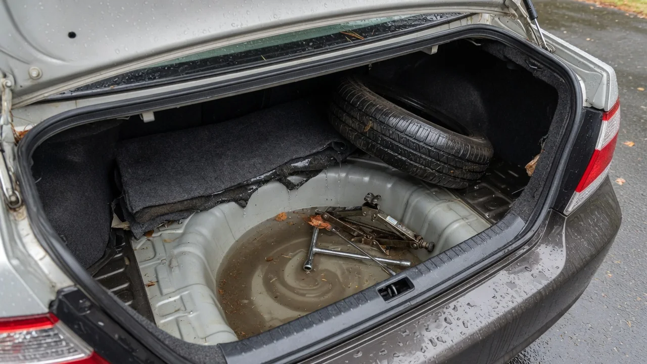Automotive scene illustrating Why Does Water Collect in a Spare-Tire Well