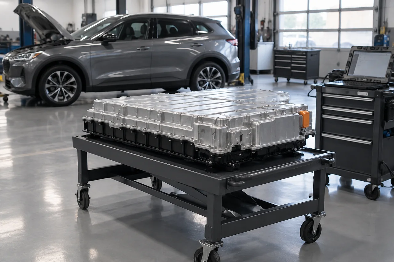 Hybrid battery pack in a professional service bay with diagnostic equipment nearby