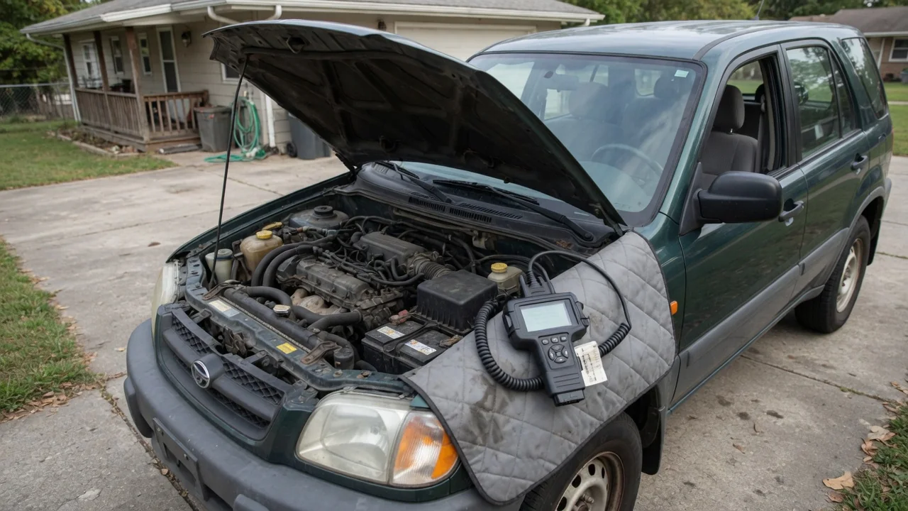 Saturn Vue with the hood open in a driveway and an OBD-II scan tool on the fender, ready for rough idle diagnosis