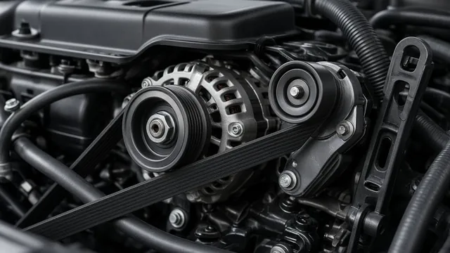 Alternator pulley and accessory belt with the engine off, showing the pulley grooves and belt routing