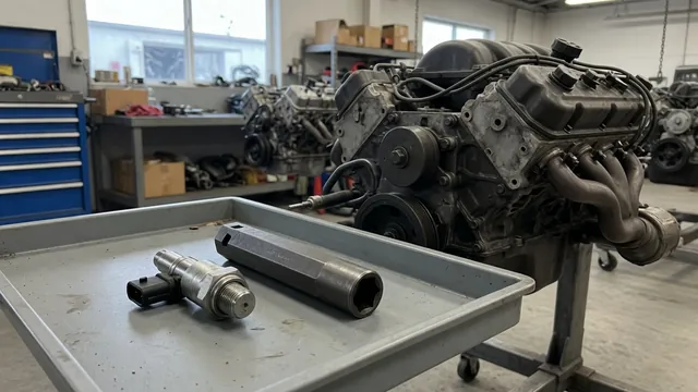 Oil pressure sender and deep sensor socket beside a Chevrolet V8 engine with the engine off