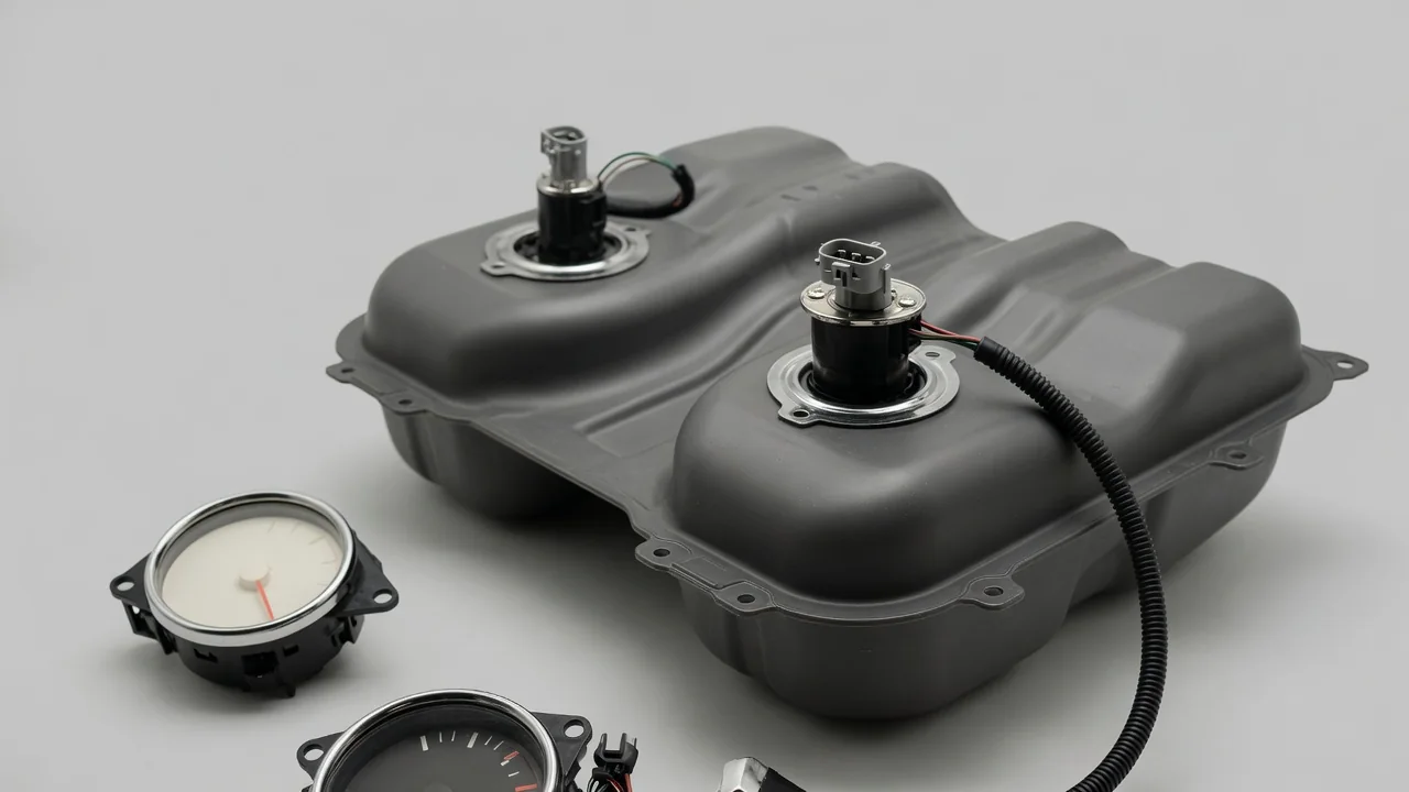 Illustration of a saddle fuel tank with two level senders and a dashboard fuel gauge