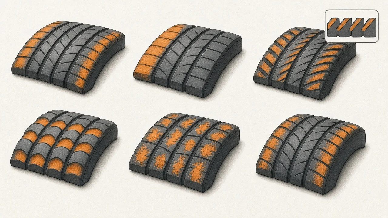 Illustrated tire treads showing center wear, shoulder wear, one-sided wear, feathering, cupping, and patchy wear.