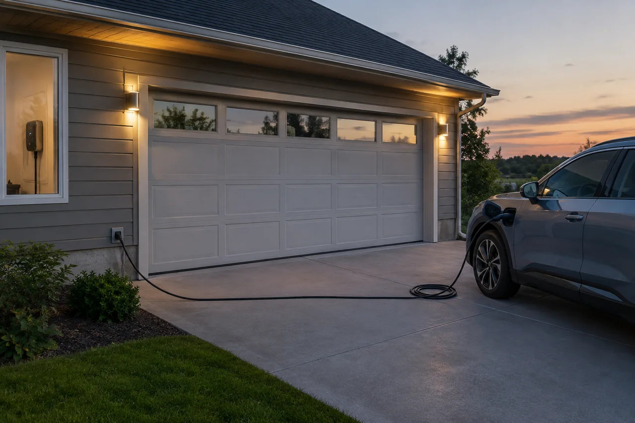 EV charging cable routed through a sealed garage wall pass-through to an electric car parked on the driveway