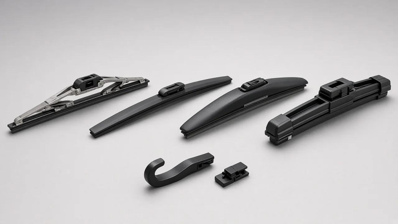Conventional, beam, hybrid and heavy-duty windshield wiper blades laid out beside a J-hook wiper arm and clip adapter