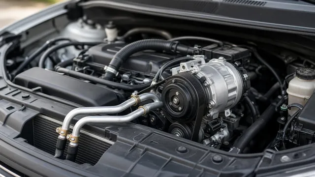 Car engine bay showing the belt-driven AC compressor, clutch pulley and refrigerant lines running toward the condenser