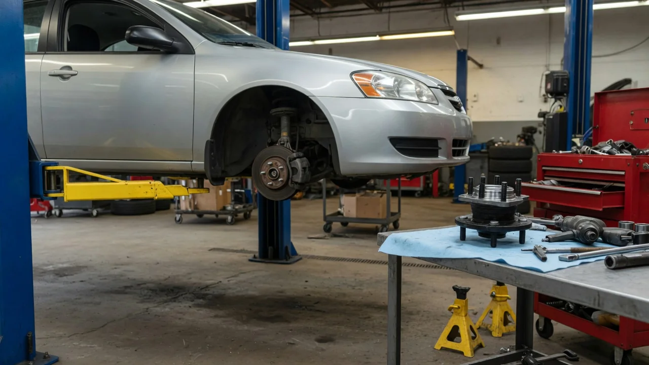 Subaru Outback wheel hub area with a replacement wheel bearing assembly on a nearby workbench