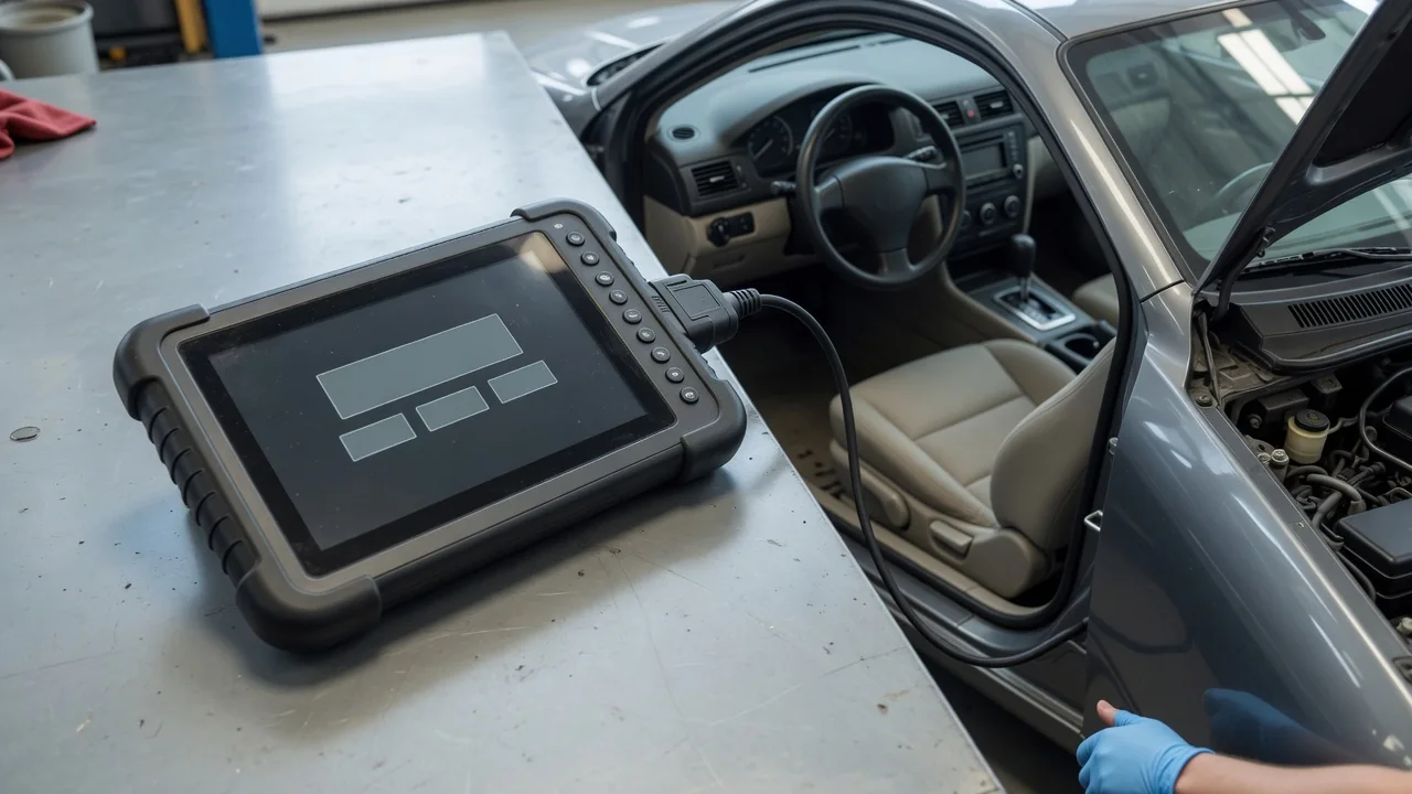 Diagnostic scanner beside a parked vehicle, displaying P1773 with vehicle details awaiting confirmation