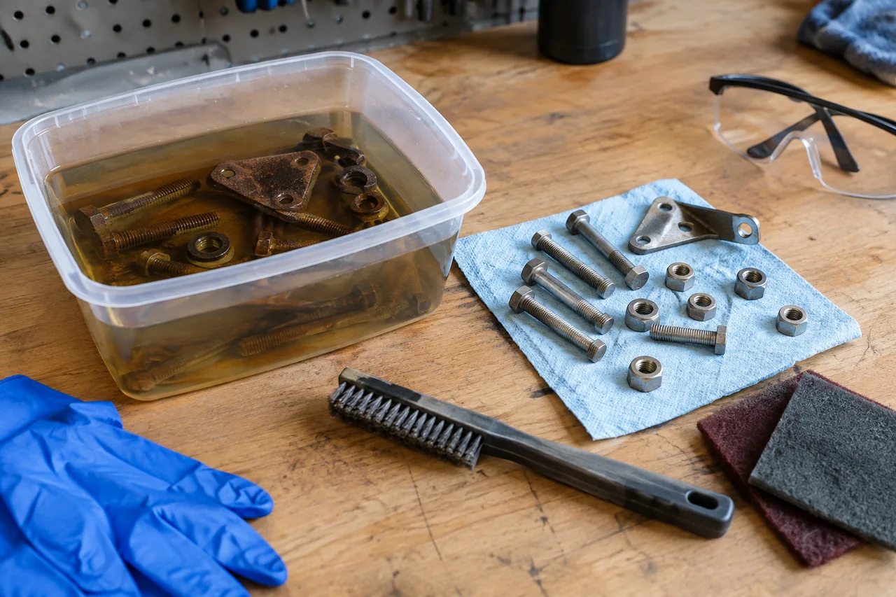 Rusty car bolts soaking in rust remover beside cleaned hardware, a wire brush, gloves and safety glasses on a workbench