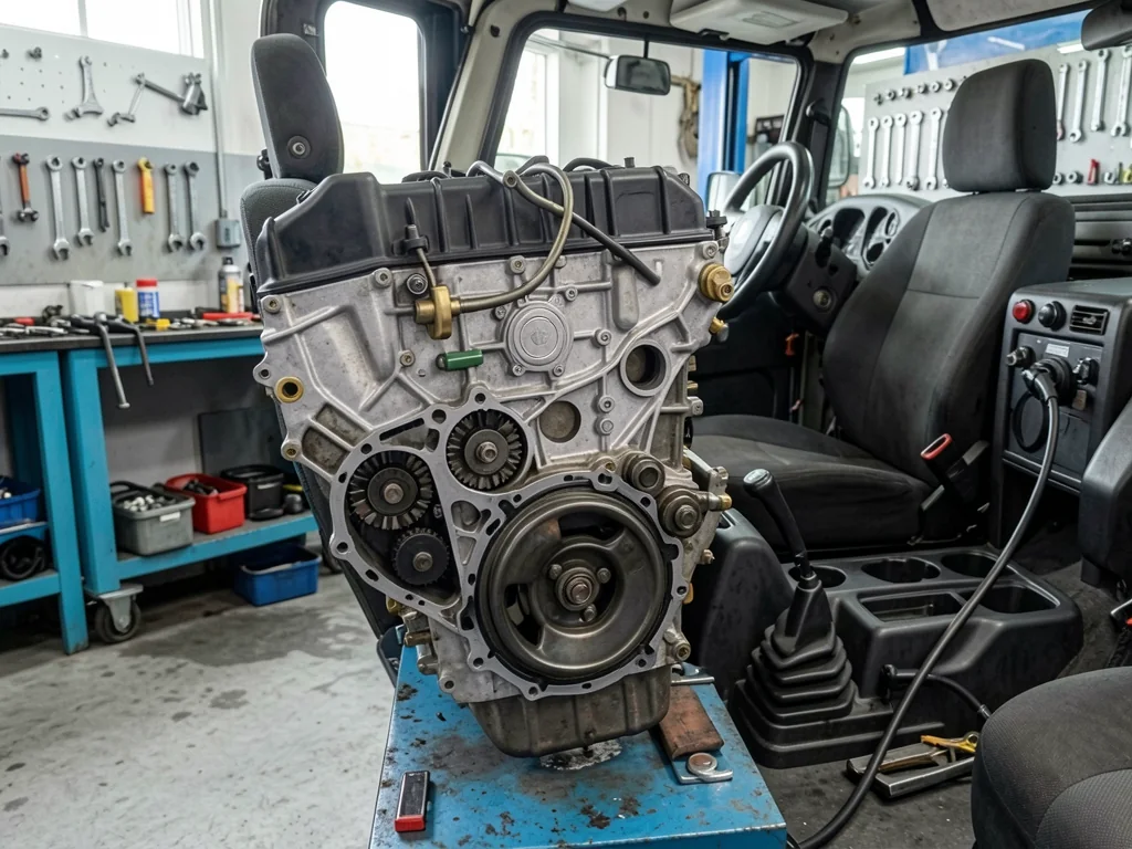 Jeep 4.0 inline-six engine with the timing cover area visible in a repair shop