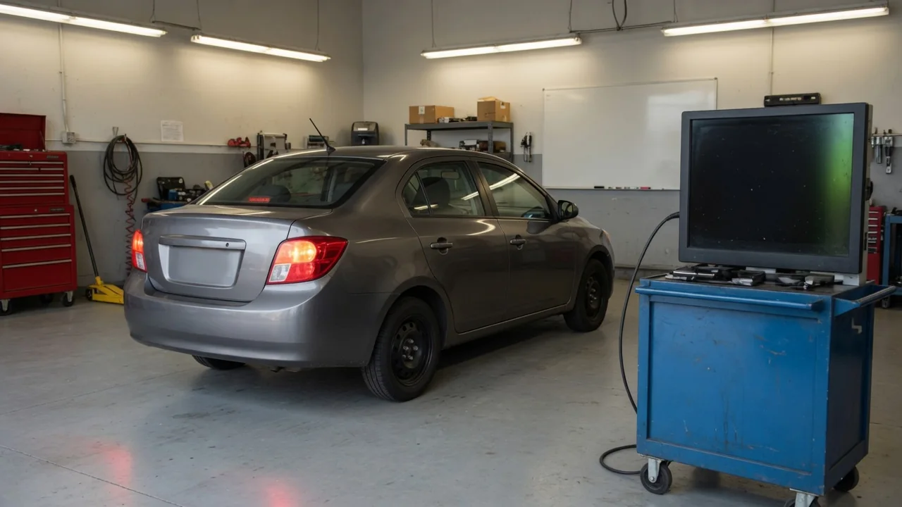 Vehicle brake lights illuminated in a service bay with a diagnostic scanner nearby