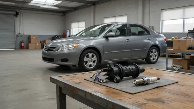 Ignition coil and spark plug on a clean workbench beside a parked Honda