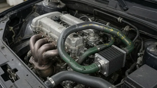 Illustration of an EGR valve, exhaust gas passages, and cooler in an engine bay