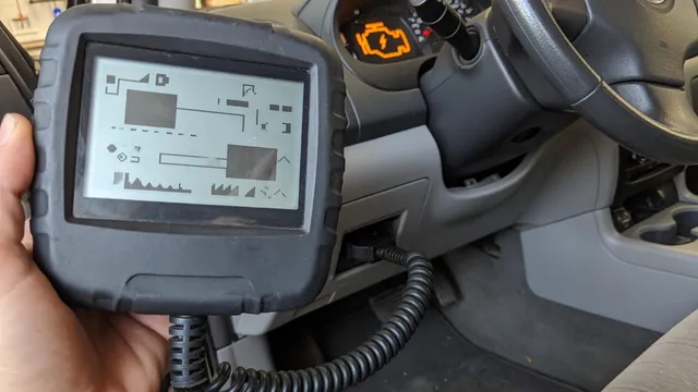 OBD-II scan tool plugged into a car's diagnostic port, reading a trouble code, with a check engine light in the background