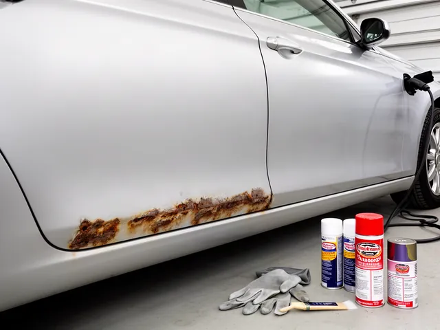 Small patch of surface rust along a car door edge, with rust treatment supplies nearby