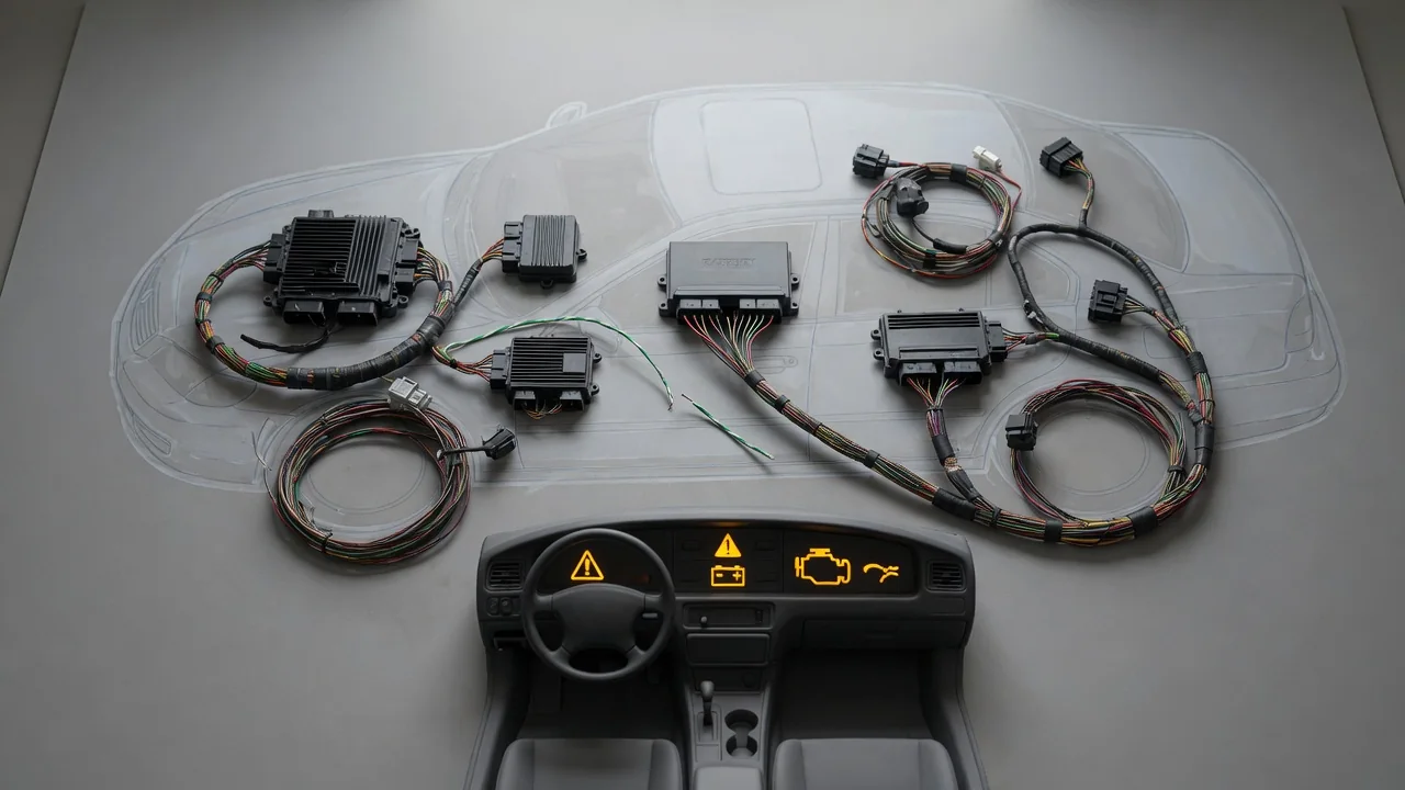 Illustration of a vehicle gateway module connected to several electronic control modules