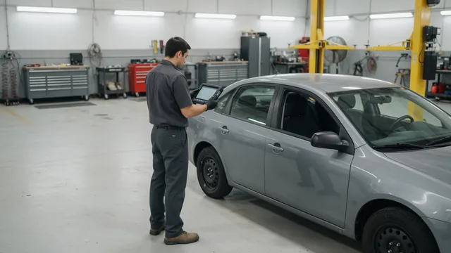 Technician reviewing transmission fault codes on a scan tool beside a parked vehicle