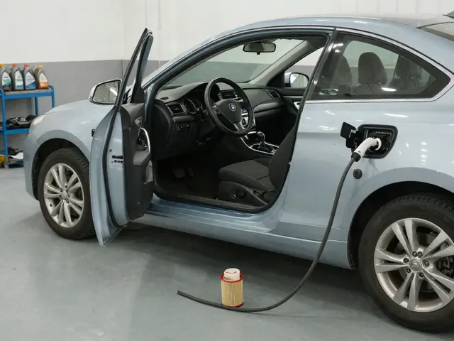 Technician holding a new oil filter beside a car in a clean automotive service bay.