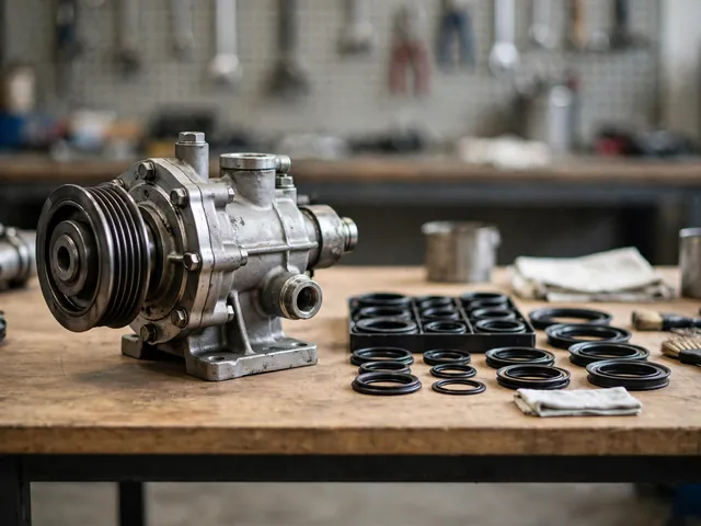 Hydraulic power steering pump with an organized set of replacement seals and O-rings on a workbench