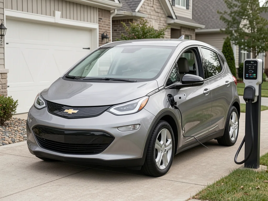 Chevrolet Bolt EV parked beside a home charging station with its charging cable connected