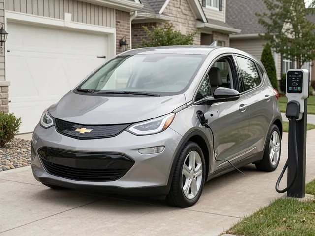 Chevrolet Bolt EV parked beside a home charging station with its charging cable connected