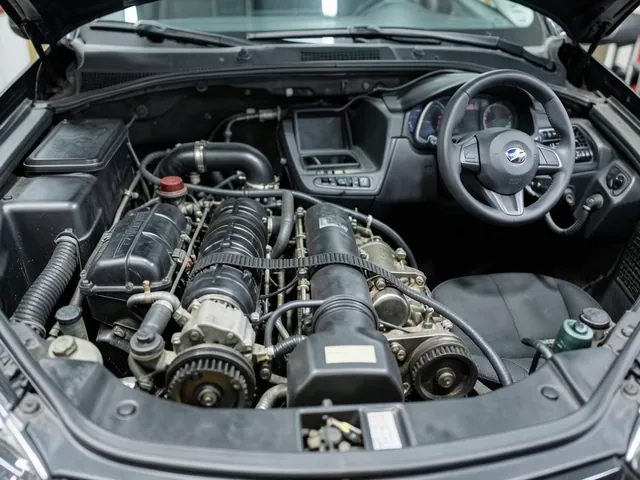 Toothed timing belt wrapped around camshaft and crankshaft pulleys in a car engine with the cover removed