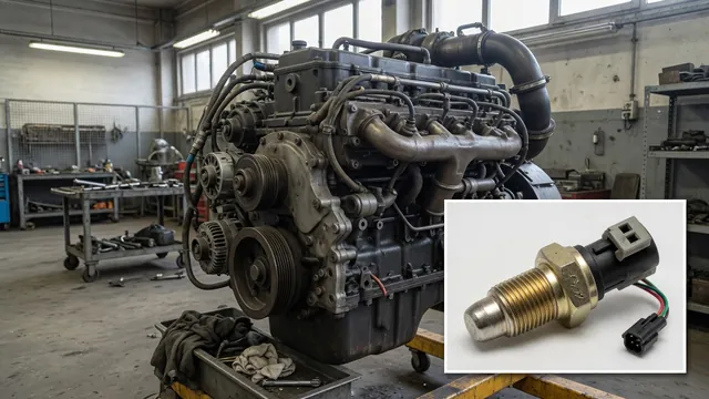 Illustration of a heavy-duty diesel engine with an inset showing an oil pressure sensor and connector