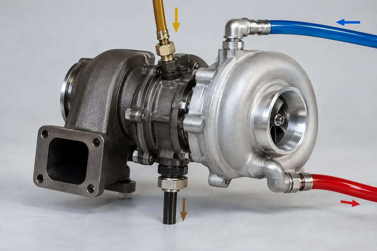 Labeled turbocharger illustration showing oil feed, oil drain, and coolant connections at the center housing