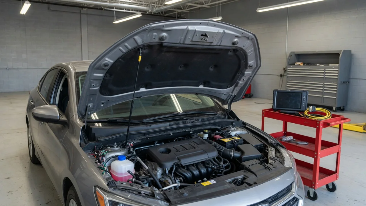 Scan tool beside an engine bay during diagnosis of an engine oil temperature sensor circuit fault