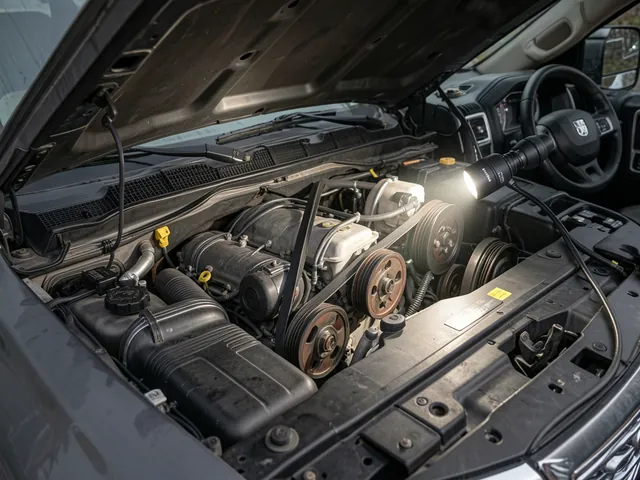 Engine-off inspection of a Cummins Ram serpentine belt and accessory pulleys