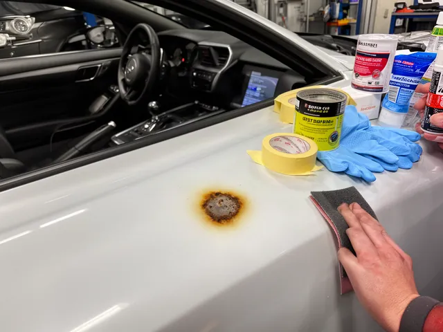 Small surface rust spot on a car body panel with hand sanding supplies and masking tape nearby
