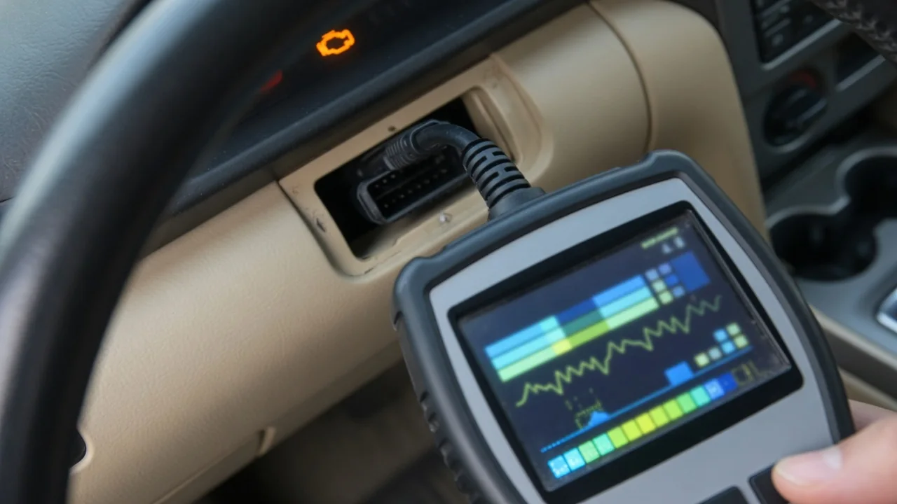 OBD-II scan tool connected under a car dashboard showing a trouble code, with the check-engine light on